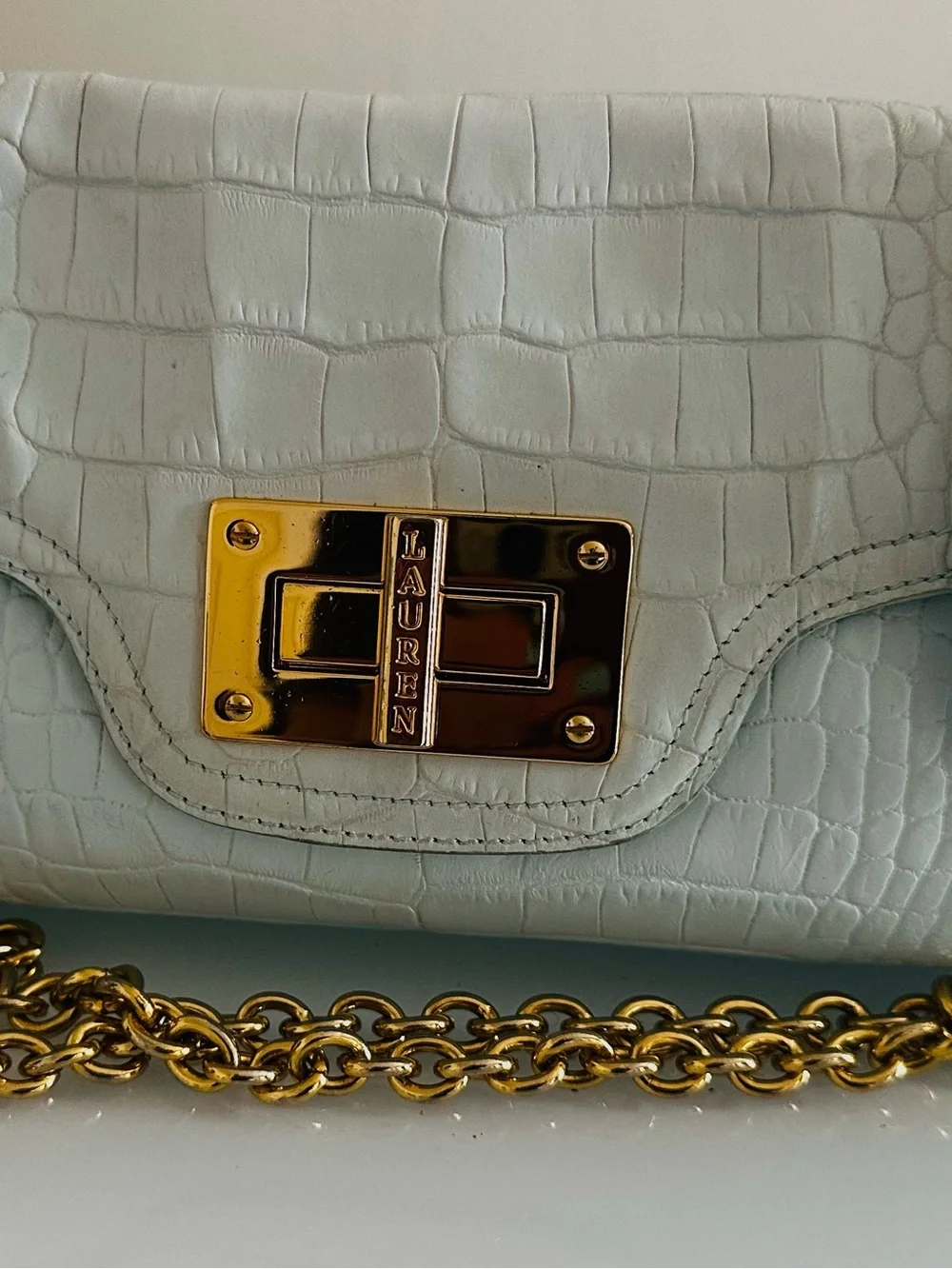 Lauren Ralph Lauren Light Blue Croc-Embossed Clutch with Gold Hardware